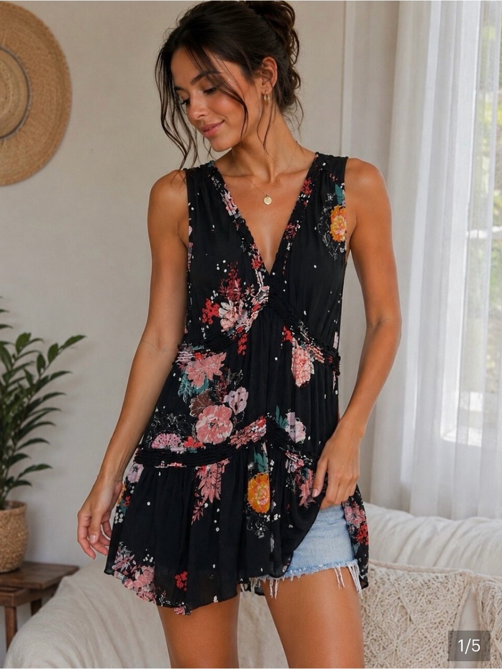 Free People Purple Haze Black Floral V-Neck Sleeveless Tiered Tunic Top